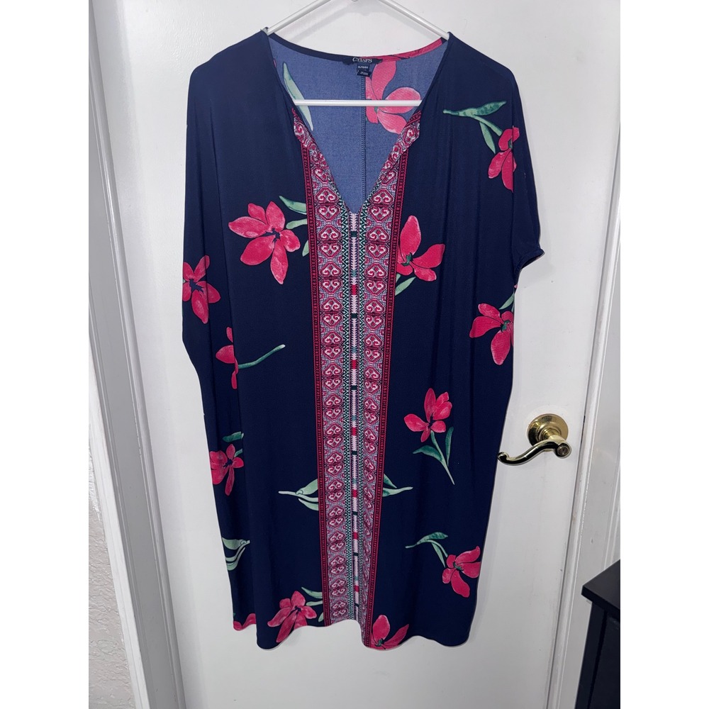 Chaps Womens XL Navy Blue Pink Floral V-Neck Short Sleeve Shift Dress